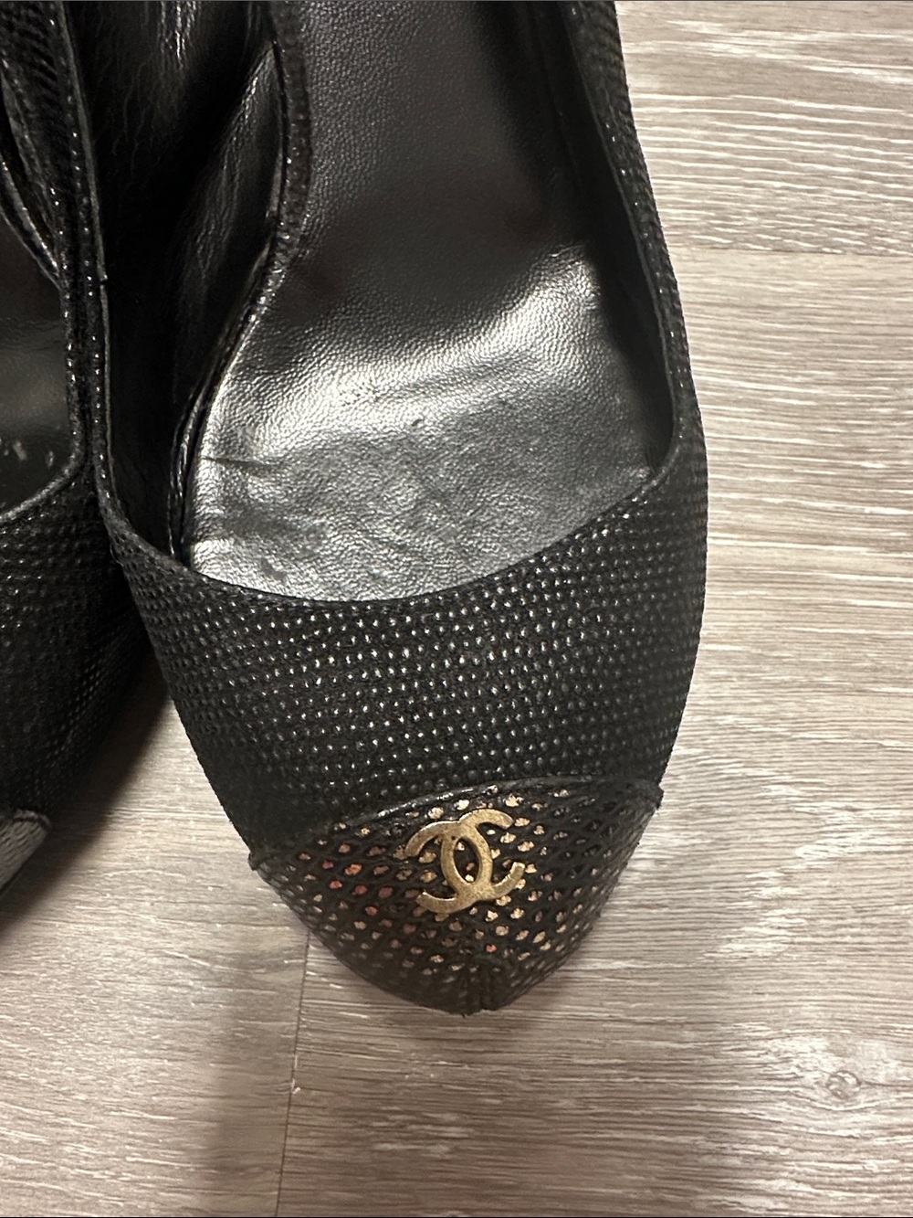 CHANEL Black Slingback Peep-Toe Heels with Gold CC Cap-Toe - Picture 12 of 12